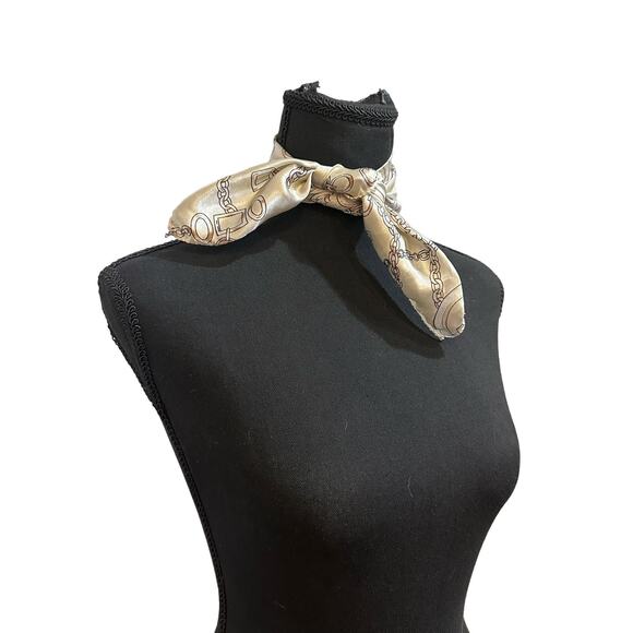 Vintage Satin Neckerchief or handbag Scarf, Paris Chains Gold & Cream Summer - Picture 10 of 11